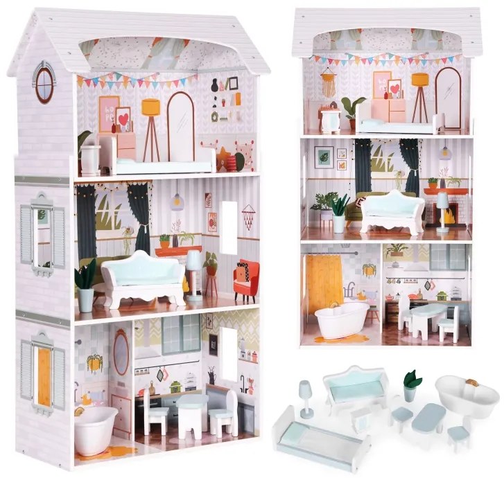 Drevený domček pre bábiky ALICE – 3 poschodia + nábytok