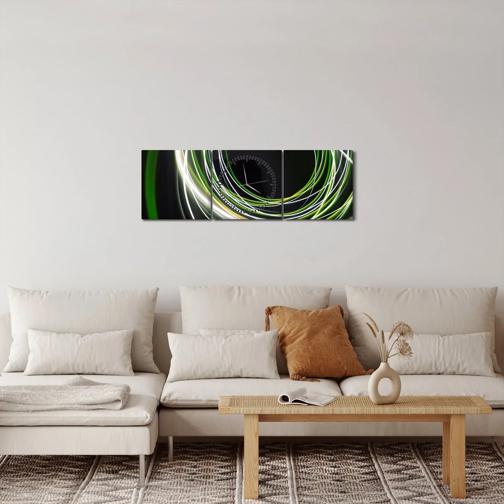 Obraz zelených čiar (s hodinami) (90x30 cm)