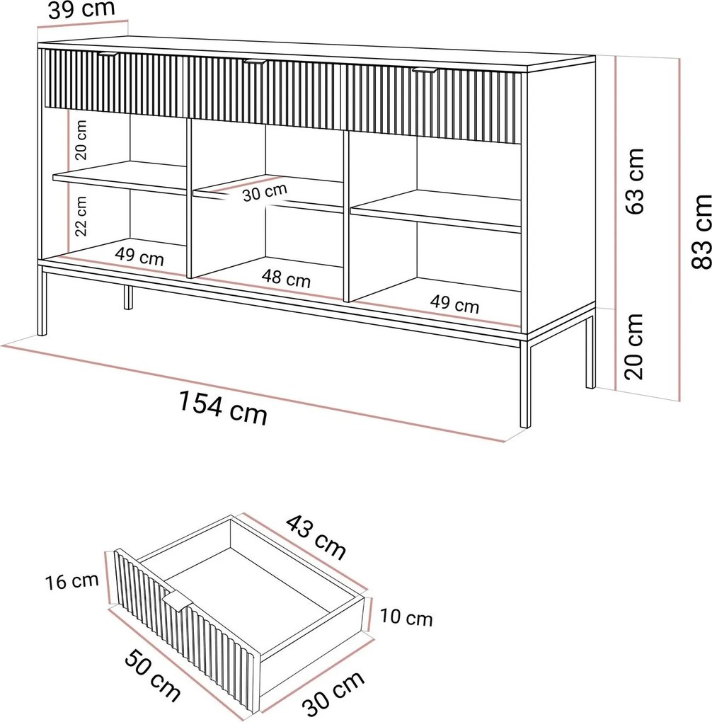 Komoda CORA Biela matná + zlaté nožičky 154 cm