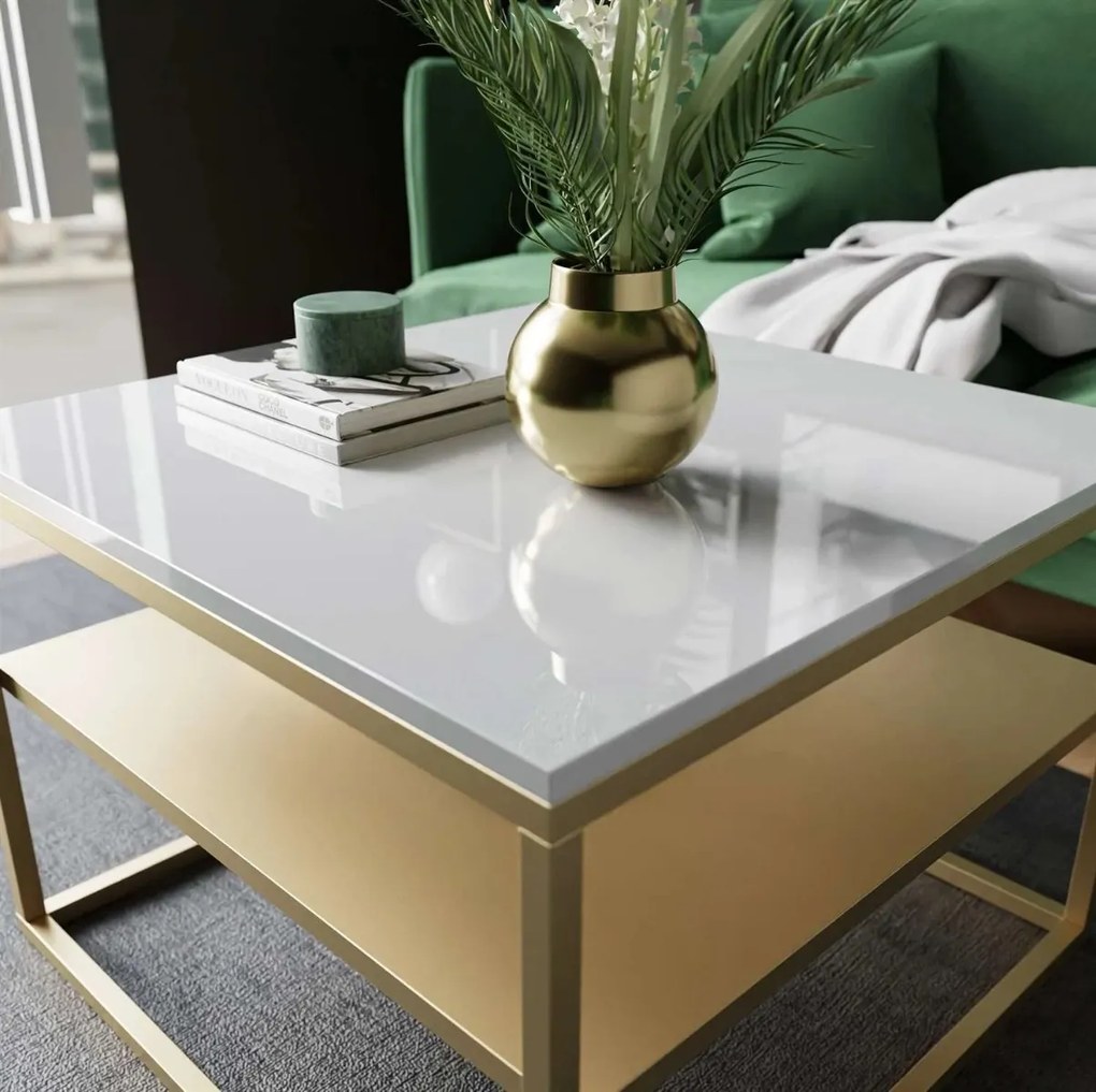 KONFERENČNÝ STOLÍK BELLA IV BIELY VYSOKÝ LESK + ZLATÝ PODSTAVEC