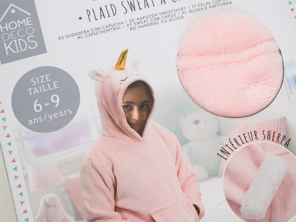 Detská mikinová deka s rukávmi a kapucňou HOODIE UNICORN ružová