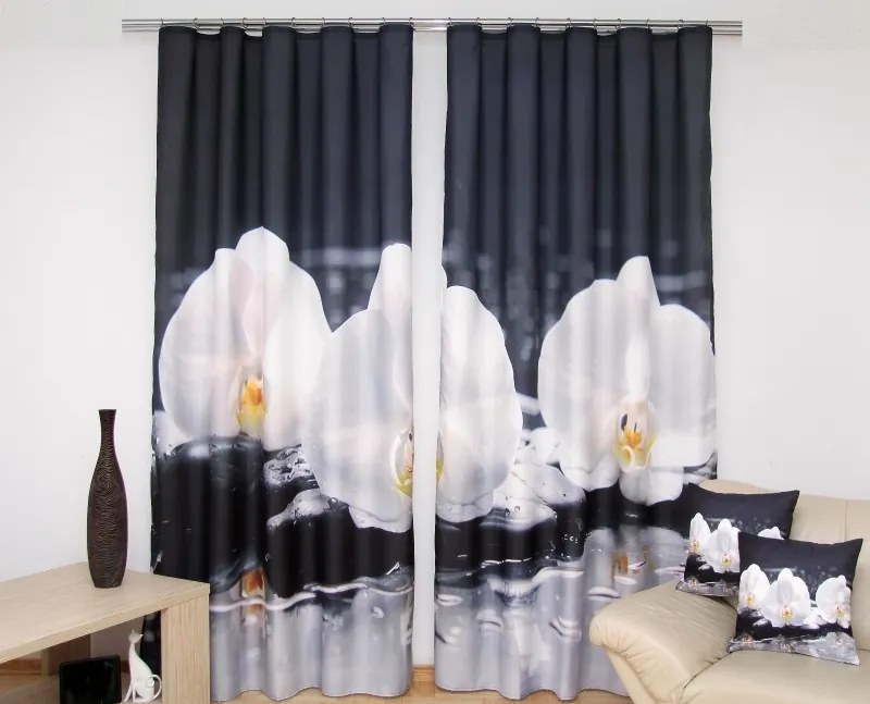 Orchidey hotové závesy čierne Šírka: 160 cm | Dĺžka: 250 cm (v sade sú 2 kusy)
