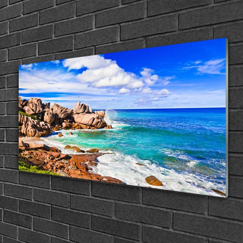 Skleneny obraz Pláž skaly more krajina 125x50 cm