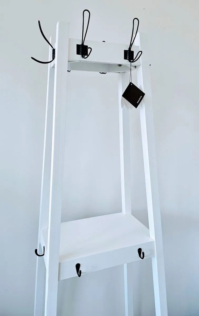 Biely drevený stojaci vešiak s poličky a háčiky - 60 * 40 * 175 cm