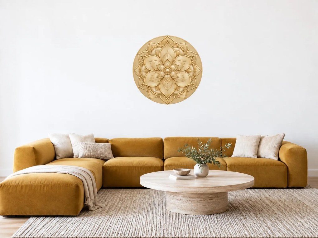 Zlatá kvetinová mandala minimalistická zlatá textilná nálepka na stenu do spálne arch 46 x 46 cm