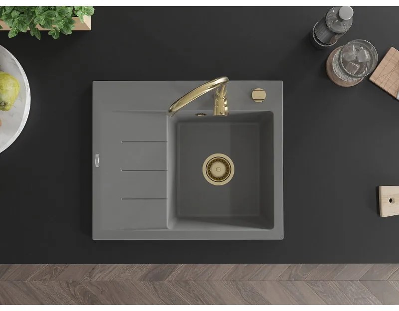 Mexen Ben, 1-komorový granitový drez 600x500x190 mm, pravý + zlatý sifón, šedá, 6523605000-71-G