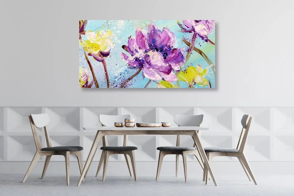 Obraz jarné fialové a žlté kvety - 120x60