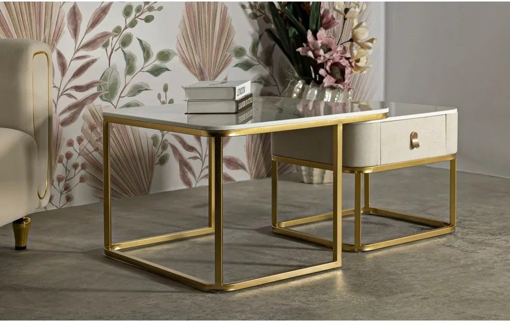 Krémové/v zlatej farbe konferenčné stolíky v súprave 2 ks v dekore mramoru 50x70 cm Beauty – Mauro Ferretti