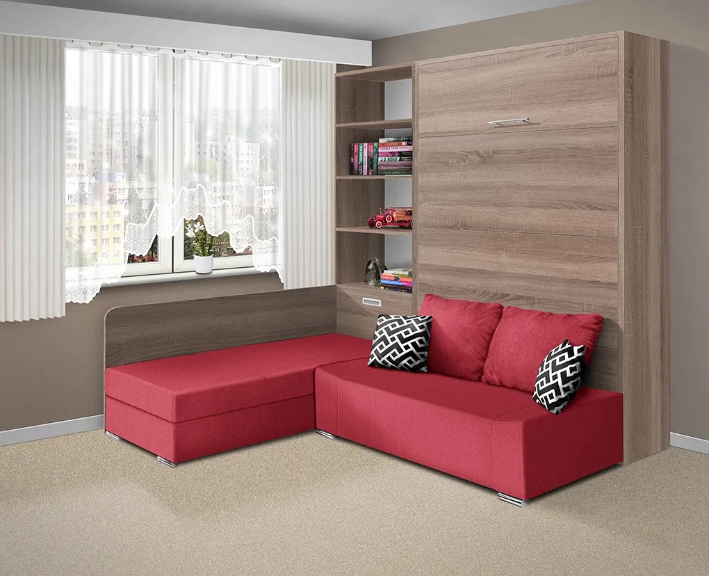 Nabytekmorava Sklápacia posteľ s pohovkou VS 21075 - 200x120 cm farba pohovky: Červená, Typ farebného prevedenia: Dub sonoma tmavý / dvere biele
