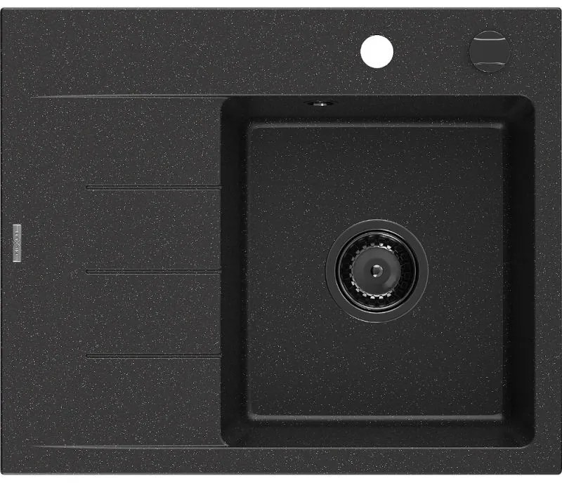 Mexen Ben, 1-komorový granitový drez 600x500x190 mm, pravý + čierny sifón, čierna-strieborná metalíza, 6523605000-73-B