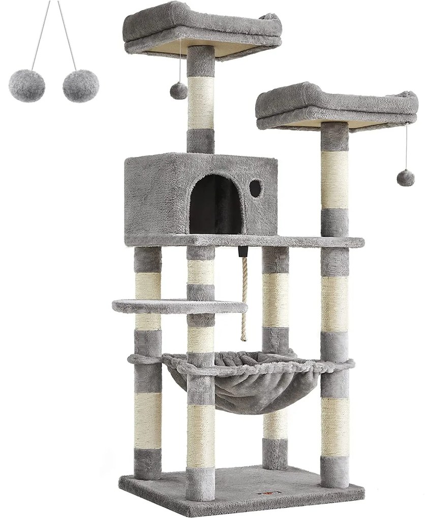 Stabilný mačací strom, s jaskyňou, 143 cm, svetlošedý