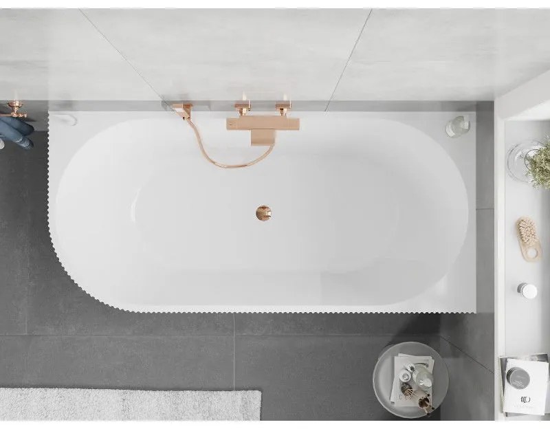 Mexen Silo, rohová voľne stojaca ryhovaná vaňa, pravá, 170 x 80 cm, biela-šedá, ružové zlato prepad, 52891708062P-60