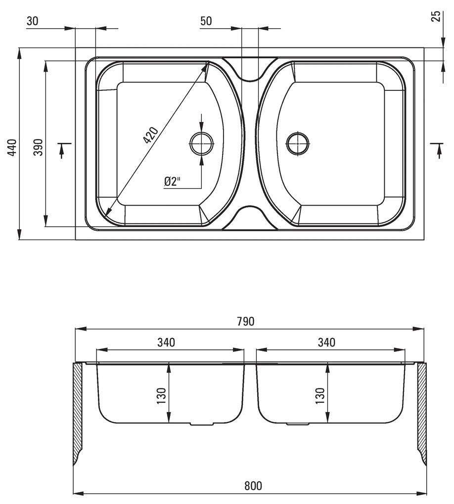 Deante Techno, nerezový drez na dosku 2-komorový B/O 790x440x130 2" + sifón, vzor dekor, ZMU_3200