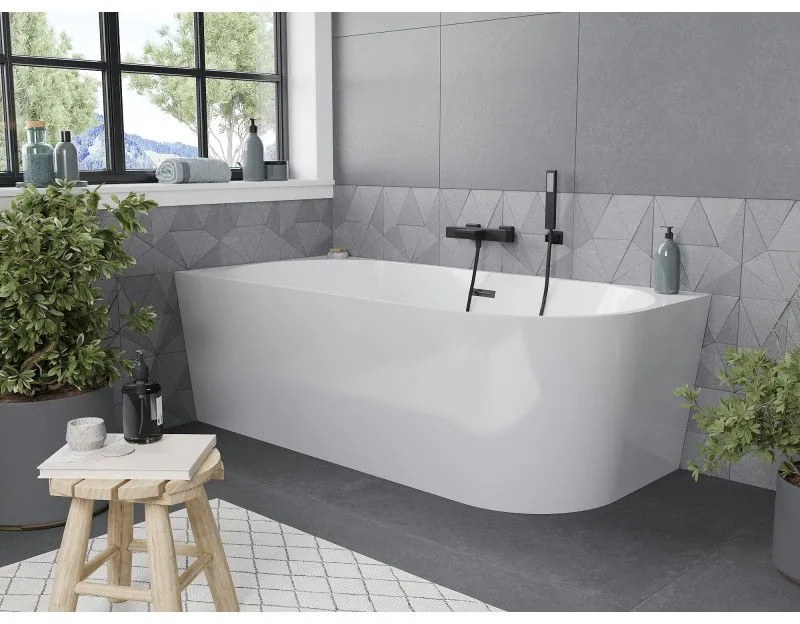 Mexen Mia, voľne stojaca rohová vaňa, lavá, 150 x 75 cm, biela, čierny matný prepad, 52691507500L-70