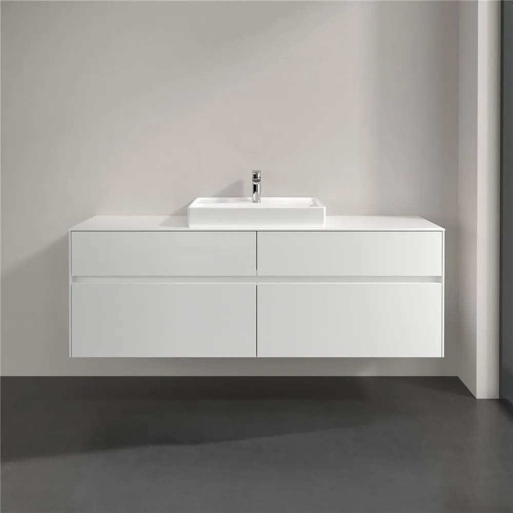 VILLEROY &amp; BOCH Collaro závesná skrinka pod umývadlo na dosku (umývadlo v strede), 4 zásuvky, s LED osvetlením, 1600 x 500 x 548 mm, Glossy White, C025B0DH