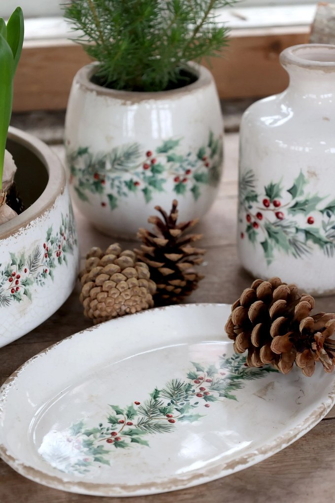 Béžový keramický podnos s cezmínou Holly Christmas Antique - 25 * 18 * 2,5 cm