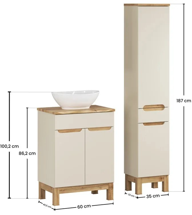 Kúpeľňová zostava Bali Nature Lola s doskou, umývadlom a skrinkami 60 cm kašmírová/dub wotan