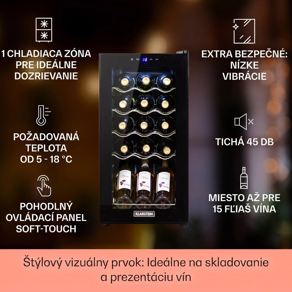 Klarstein Shiraz 15 Slim Uno, vinotéka, 44 l, 135 W, 5–18°C, dotykové ovládanie, čierna