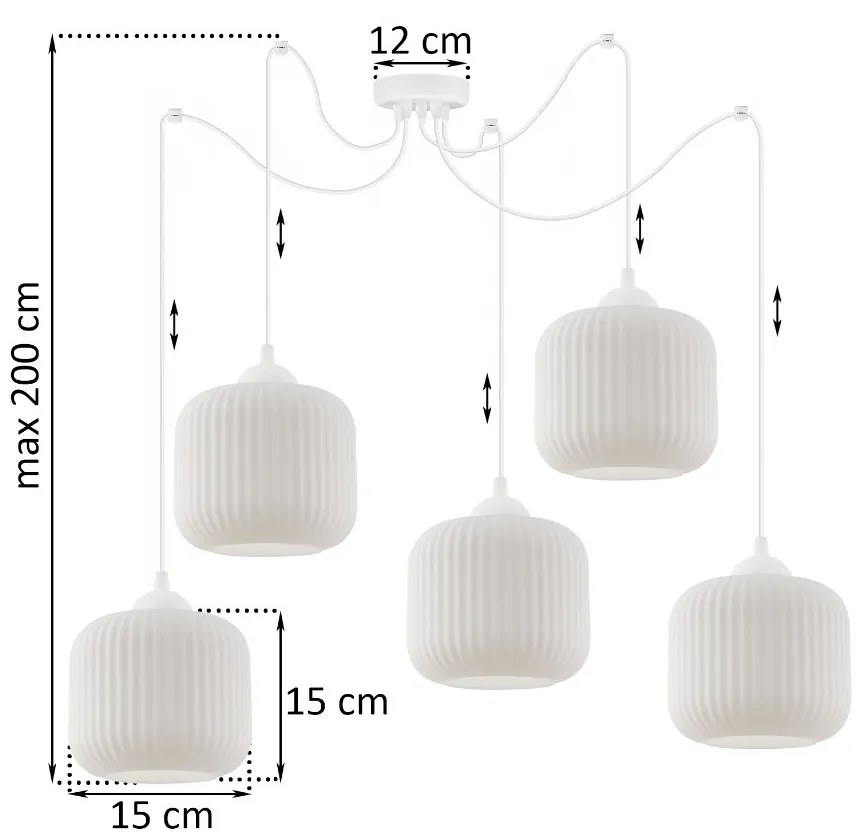 Závesné svietidlo Riffle Spider, 5x biele sklenené tienidlo, w