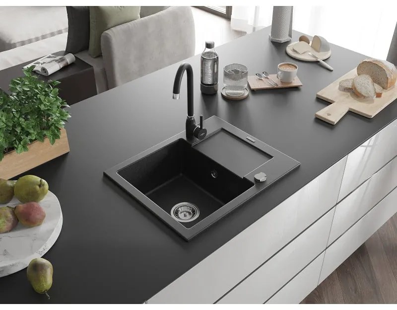 Mexen Enzo, 1-komorový granitový drez s odkvapkávačom 58x47 cm a kuchynskou batériou Telma, čierna-strieborná, 6506-73-670200-70