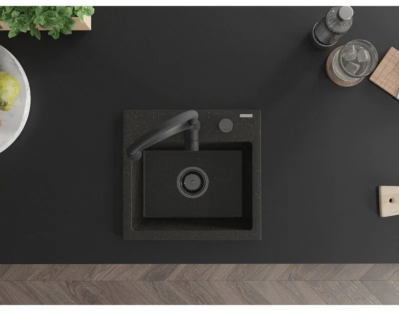 Mexen Milo, 1-komorový granitový drez 435x410x171 mm a drezová batéria Aster, čierna-zlatá metalíza, 6505-75-73450-70-B