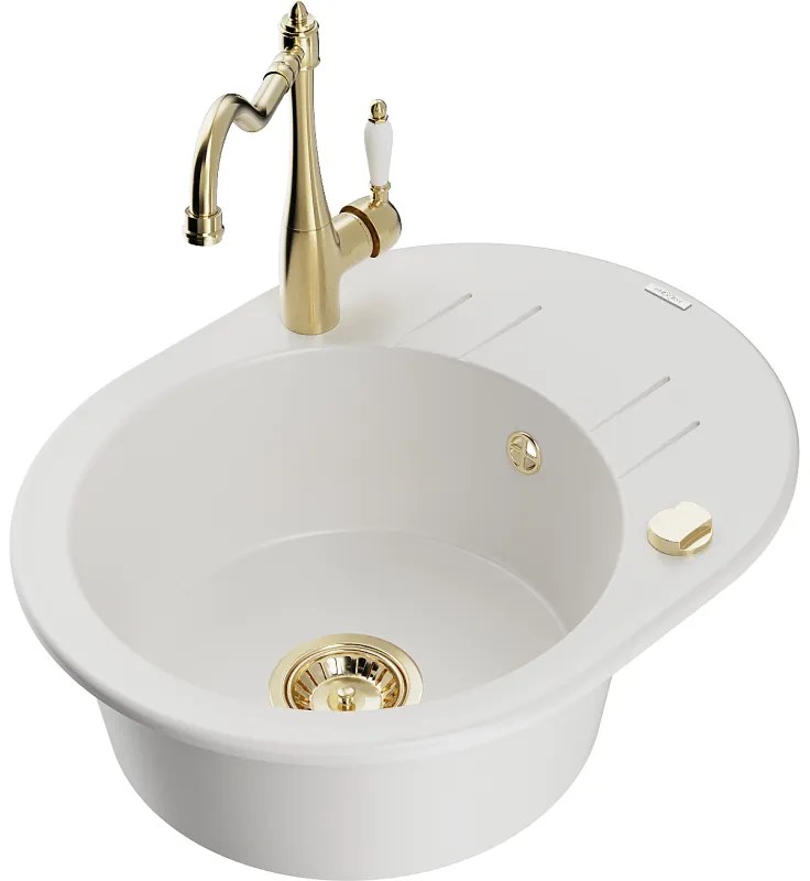 Mexen Kevin, drez granitový 586x458x190 mm, 1-komorový a drezová batéria Carla, biela, 6517-20-670700-50