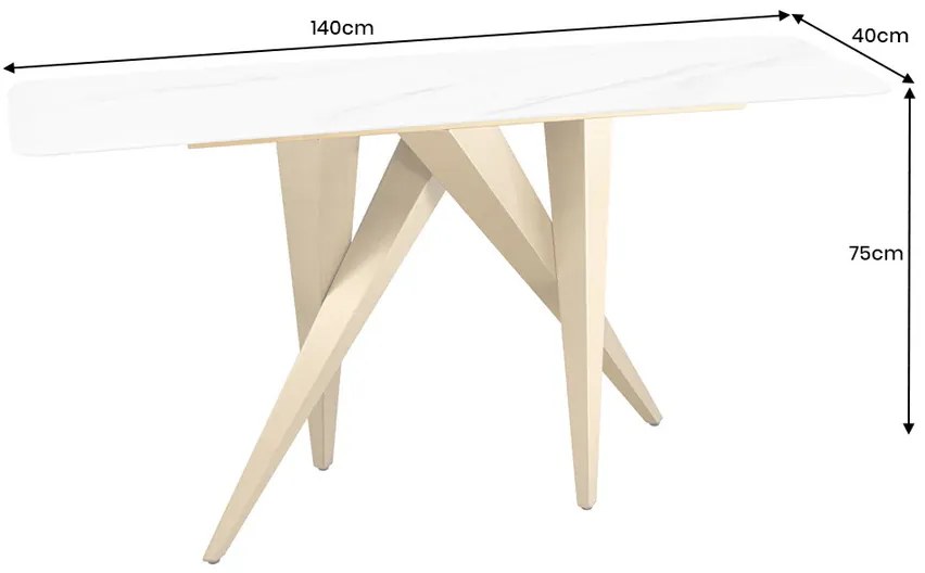 Konzola ART LIVING 140 cm, keramická, biela, mramorová doska s rámom v šampansko-zlatej farbe
