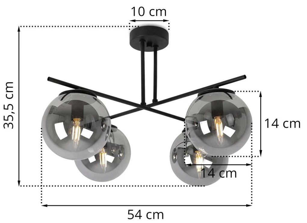 Stropné svietidlo PARIS, 4x grafitové sklenené tienidlo