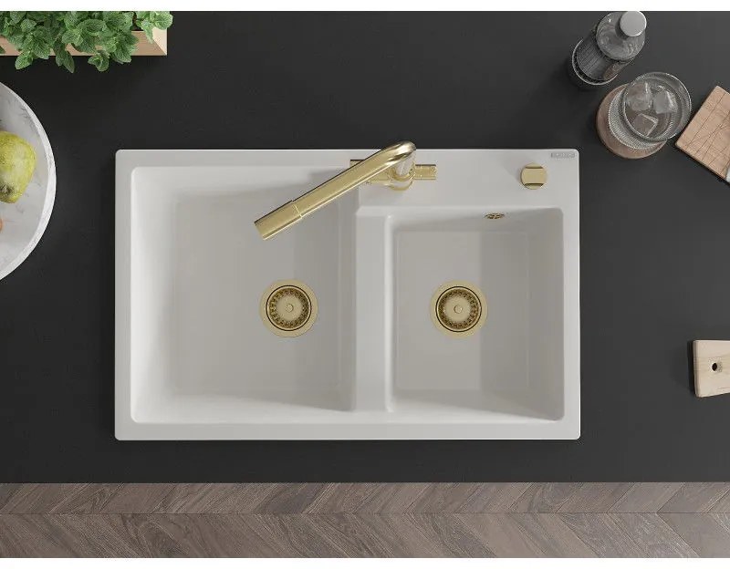 Mexen Tomas, granitový drez 800x500x190 mm, 2-komorový a biela batéria Duero, biela, 6516-20-671600-50