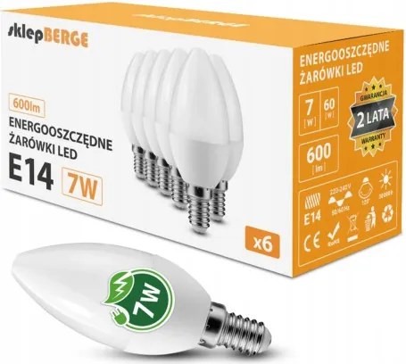 6x LED žiarovka E14 7W 580lm teplá farba 3000k c37