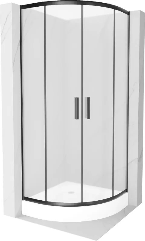 Mexen Rio, štvrťkruhový sprchovací kút s posuvnými dverami 80(dvere) x 80(dvere) x 190 cm, 6mm sklo námraza, čierny profil + biela sprchová vanička RIO, 863-080-080-70-30-4710