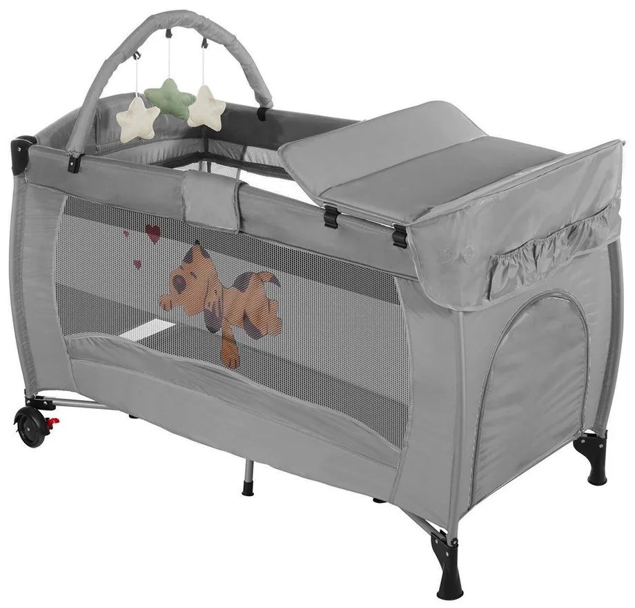 Cestovná postieľka s prebaľovacou podložkou a hracím oblúkom, sivá