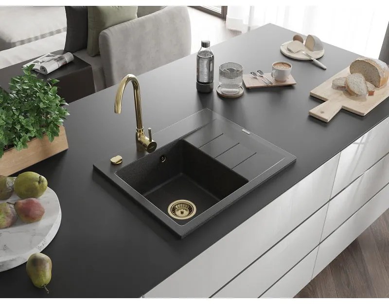 Mexen Ben, 1-komorový granitový drez 600x500x190 mm, ľavý + zlatý sifón, čierna škvrnitá, 6522605000-76-G