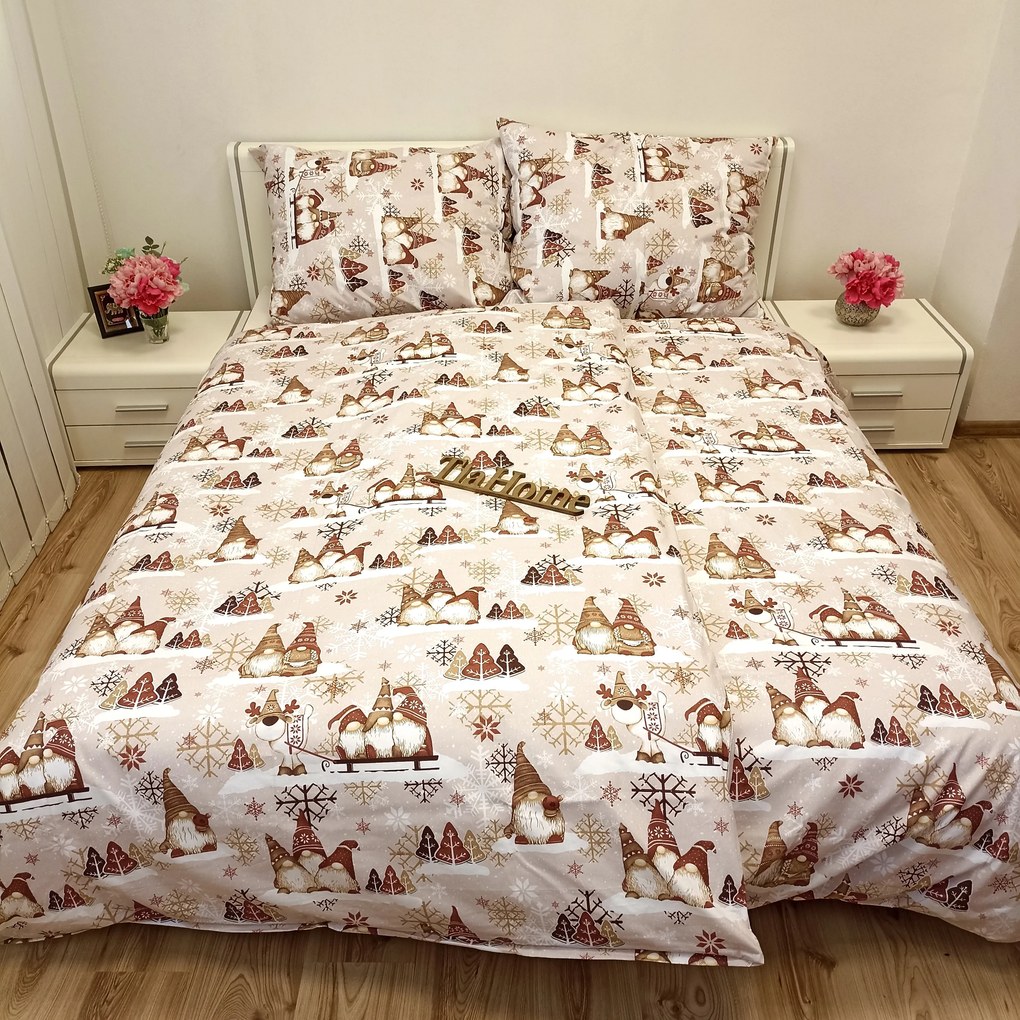 Obliečky bavlnené Vianočné škriatky hnedé - 1x Vankúš 90x70cm, 1x Paplón 140x200cm
