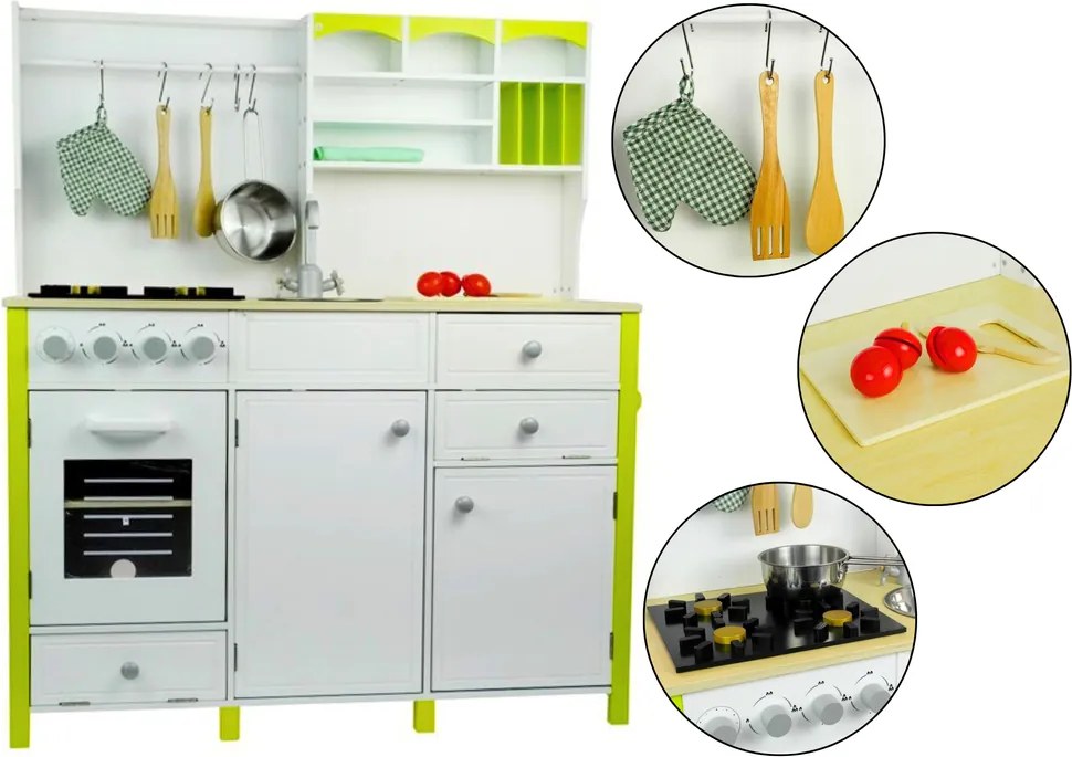 LEAN Toys Detská drevená kuchyňa Zelená a biela Paula Otváracie prvky