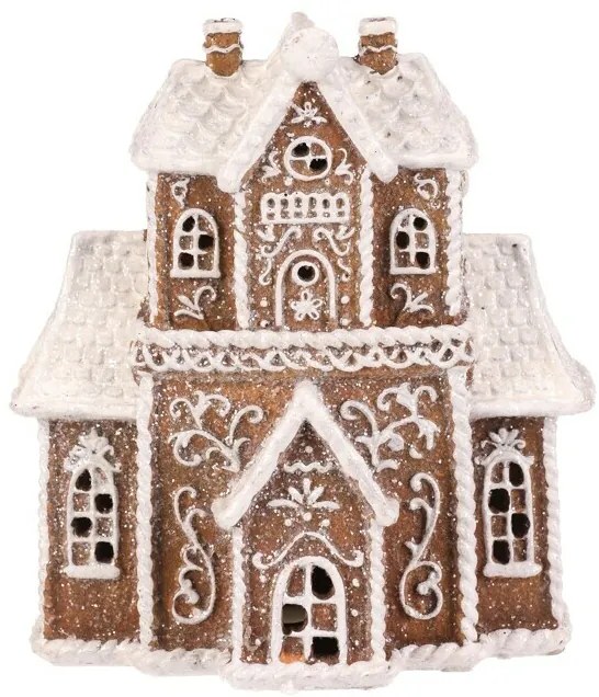 Vianočná dekorácia Perníkový domček s vežičkou, polyresin, LED, hnedá