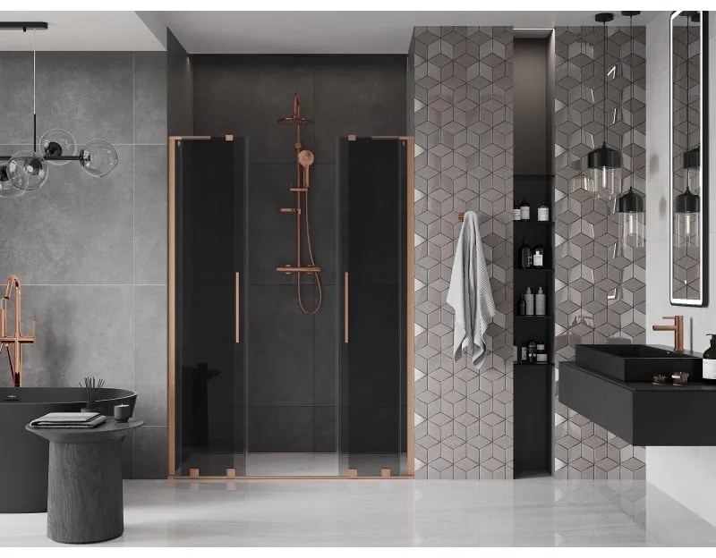 Mexen Velar L Duo, posuvné sprchové dvere do otvoru 150 cm, 8mm šedé sklo, medená matná, 871-150-003-42-65