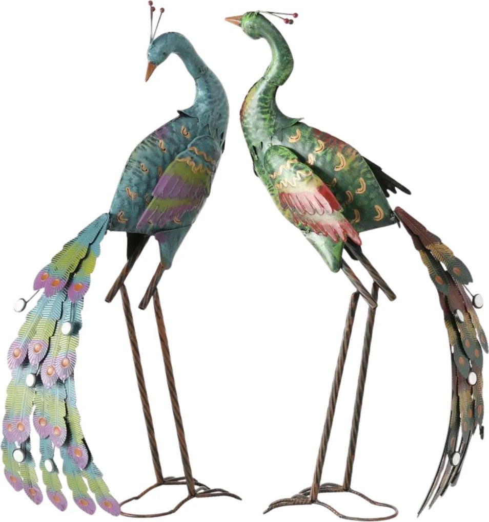Záhradná kovová figúrka Peafowl Duo, 78 cm, zelená/modrá