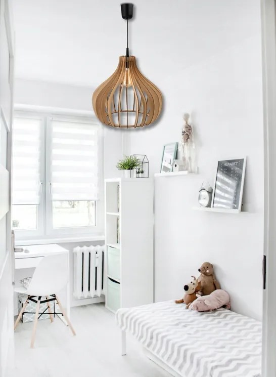 Závesný stropný lumper LED E27 nastaviteľný 0-100cm drevené tienidlo