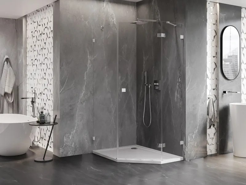 Mexen Lunar, päťuholníkový sprchový kút s pravým sklonom 80 x 90 cm, 8mm číre sklo, chrómový profil, 831-080P-090L-01-00-P