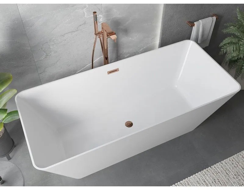 Mexen Velo Slim, voľne stojaca vaňa 170 × 75 cm, biela lesklá, ružové zlato prepad, 52811707500-60