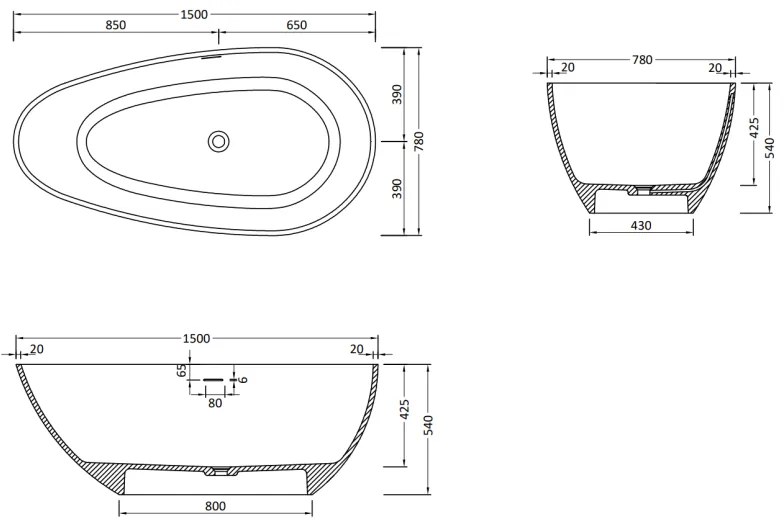 Mexen Palermo, voľnestojaca vaňa z konglomerátu 150 x 78 cm, biela matná, 57211507800