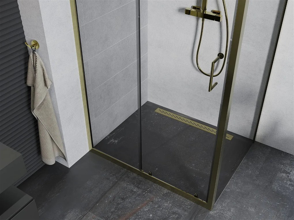 Mexen Apia sprchovací kút s posuvnými dverami 125 (dvere) x 100 (stena) cm, 5mm číre sklo, zlatý profil, 840-125-100-50-00