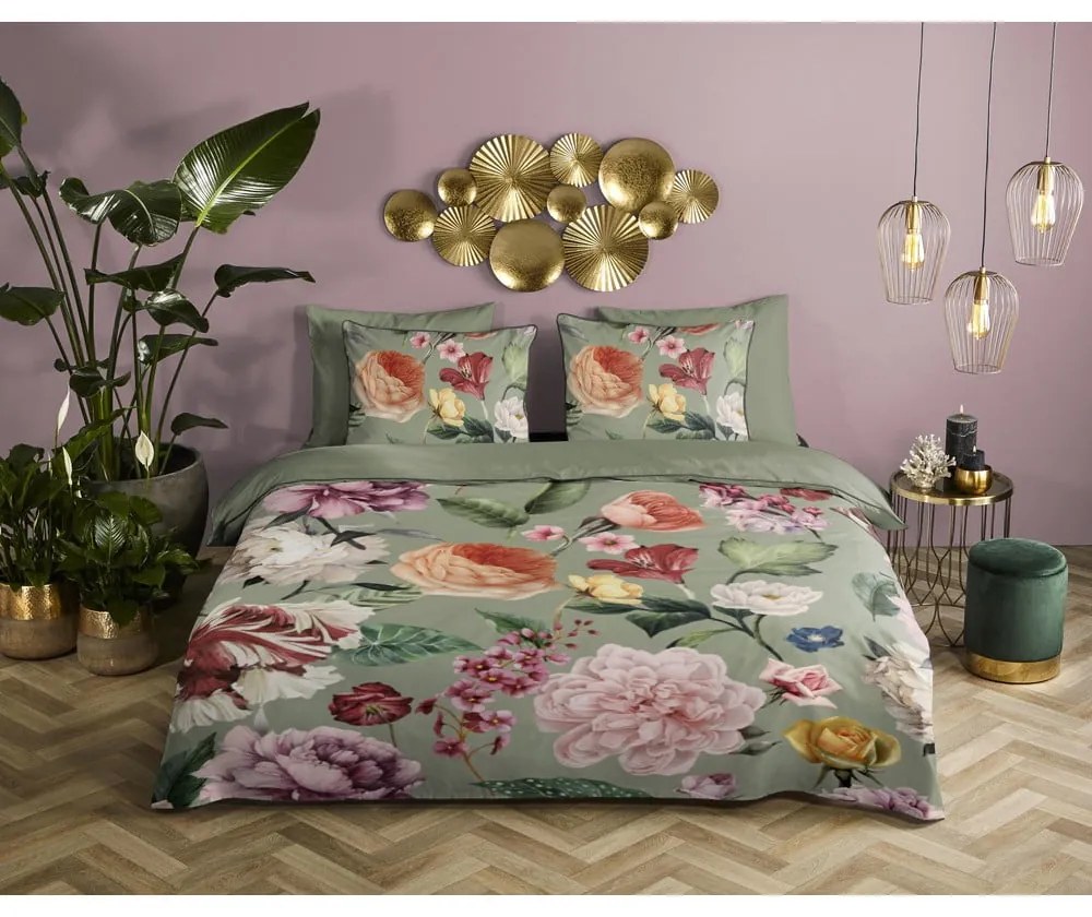 Zelené obliečky na jednolôžko/predĺžené z bavlneného saténu 140x220 cm Fiori – Descanso