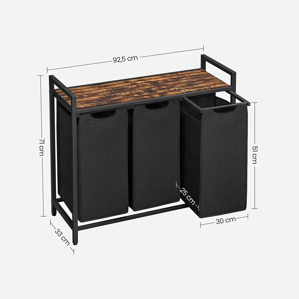 Kôš na bielizeň, s 3 vyťahovacími a odnímateľnými vakmi, 3 x 38 L, čierny