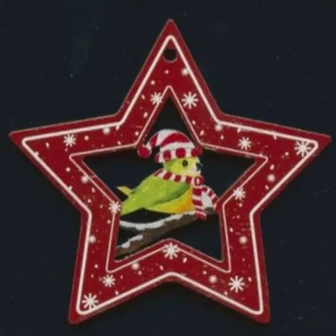 AMADEA Drevená ozdoba farebná hviezda s vtáčikom 6 cm