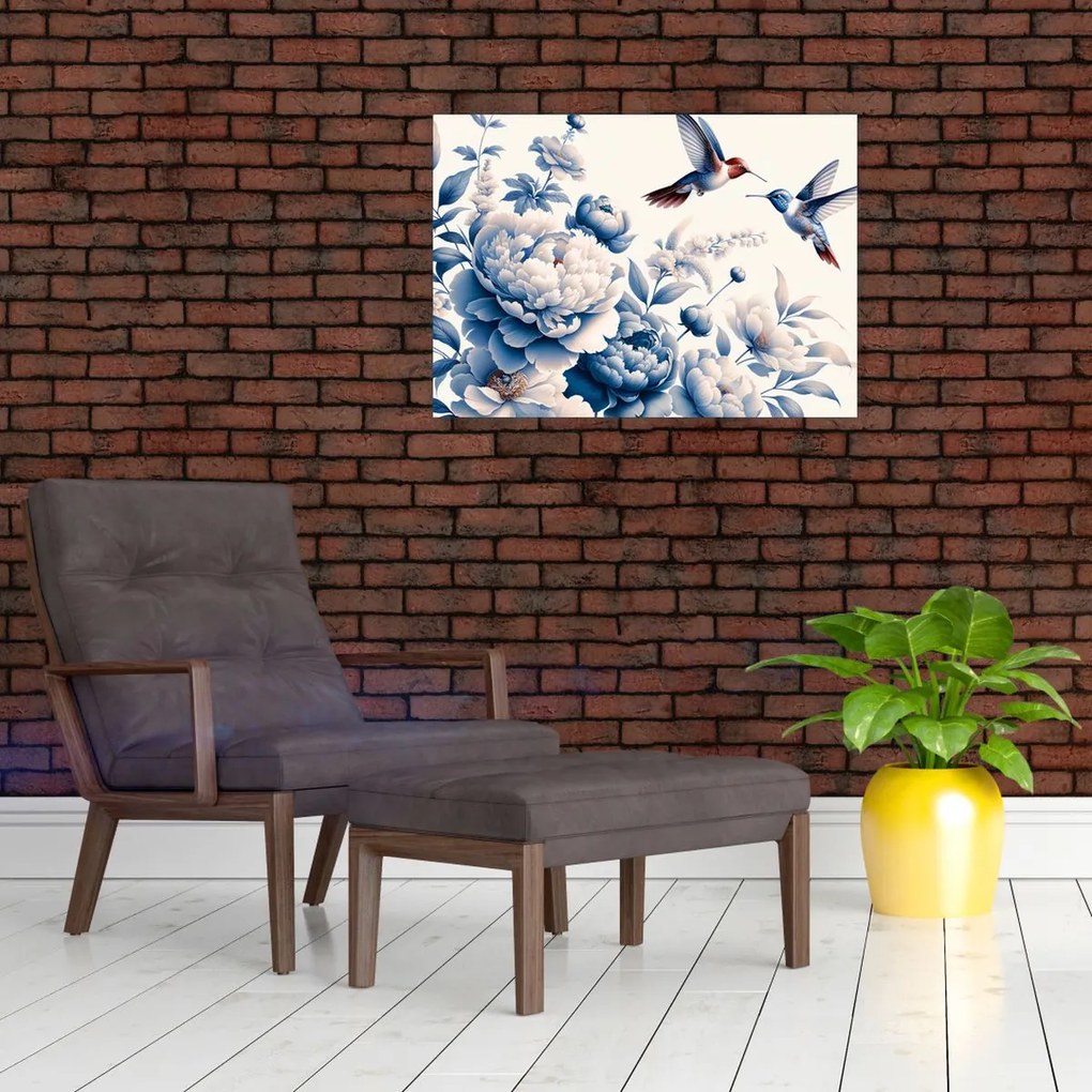 Sklenený obraz - Kolibríky nad kvetinou (70x50 cm)