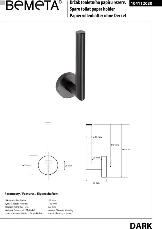 Bemeta Design DARK: Držiak toaletného papiera, rezervný - 104112030