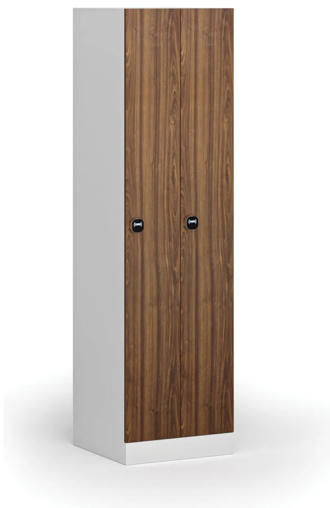 Kovová šatníková skrinka zúžená, 2 oddiely, 1850 x 500 x 500 mm, demont, zámok s čítačkou RFID kariet, laminované dvere, orech
