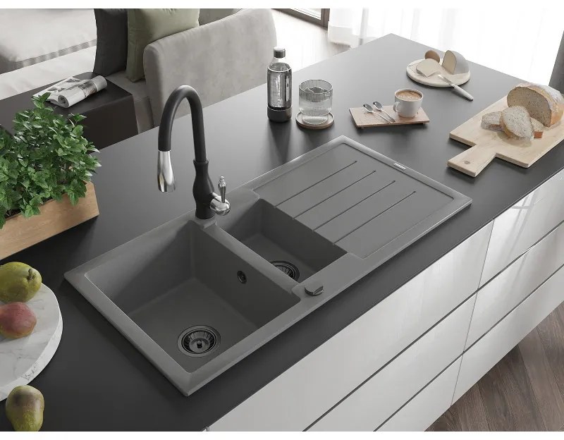 Mexen Andres, 1,5-komorový granitový drez 1000x500x200 mm a drezová batéria Savita, šedá, 6515-71-672601-70-B